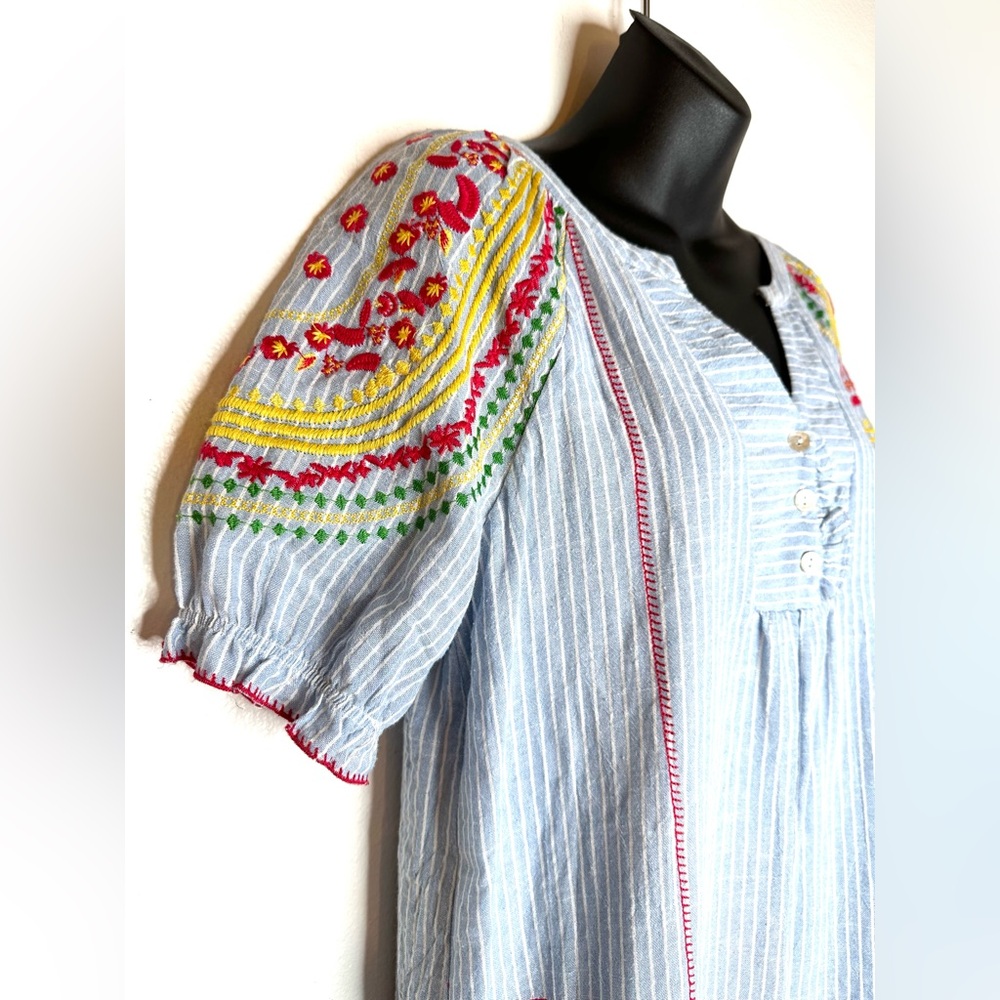 The Impeccable Pig Womens Dress S Striped Floral Embroidery Cotton Boho Western - Picture 3 of 10